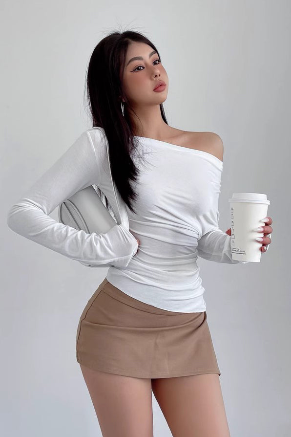 Oblique Shoulder Long Sleeve T-Shirt Sexy Pleated Waist Top