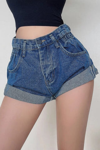 Retro High Waist Rolled Hem Loose Denim Shorts