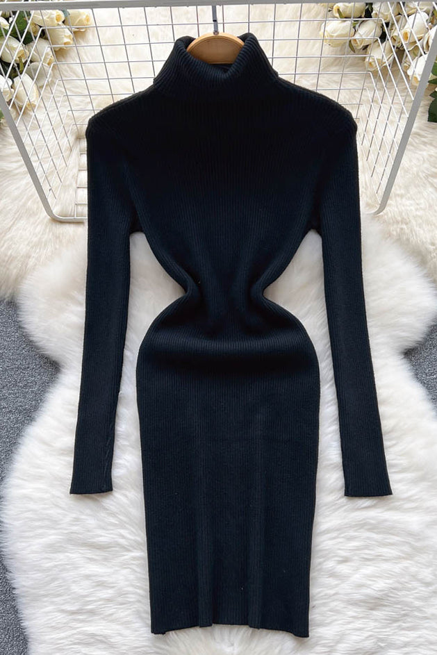 Turtleneck Knitted Dress Long Sleeves Slim Elastic Warm Dress