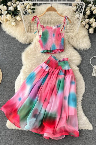 Set Tie Dye Print Short Strap Cami Tops + High Waist Skirts Beach Two Piece Suits