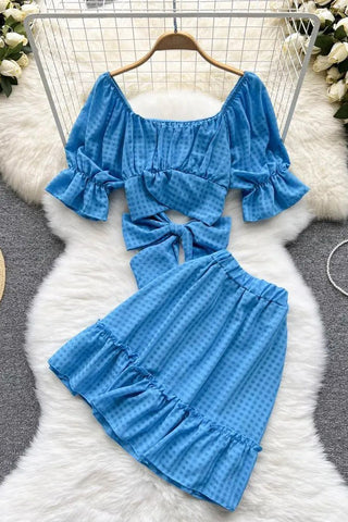 Set Bow Bandage Crop Tops + Elastic High Waist A-line Mini Skirts Two Piece Suis