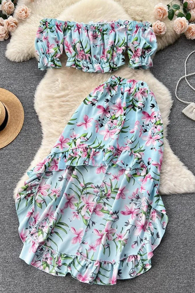 Sets Off Shoulders Floral Print Crop Tops High Waist Ruffled Skirts Suits