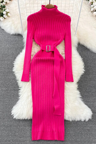 Long High Split Knit Dress Ladies Elegant Sweater Dress