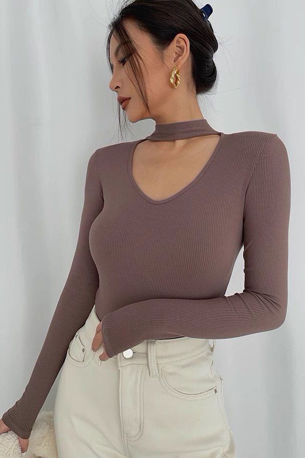 Sexy Hanging Neck Long Sleeve Underlay Elastic Top