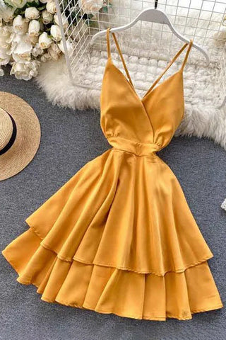 Bow Bandage Beach Dress V-neck Strap Double Ruffles Short Dress