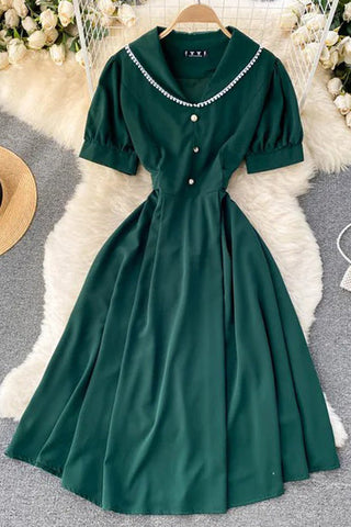 Elegant V-neck Buttons Midi Dress Short Sleeve Female Party Dress