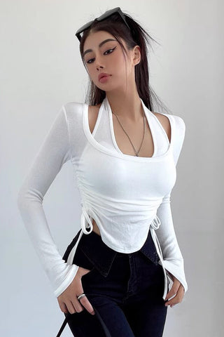 Halter Long Sleeve T-shirt Top Two Piece Set