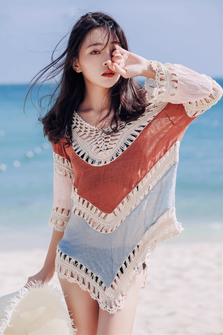 Lace Hollow Out V-Neck Long Sleeve Blouse Beachwear