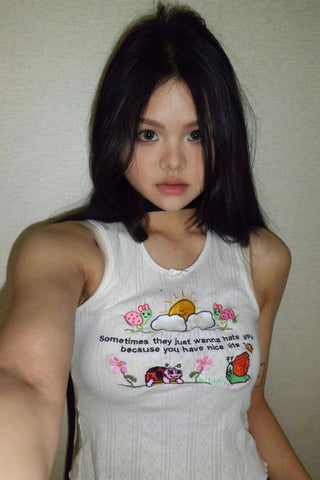 Cartoon and Letter Print Embroidery Cami Tops