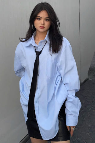 Solid Button Up Drop Shoulder Shirt Blouse