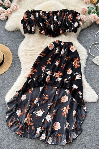 Sets Off Shoulders Floral Print Crop Tops High Waist Ruffled Skirts Suits