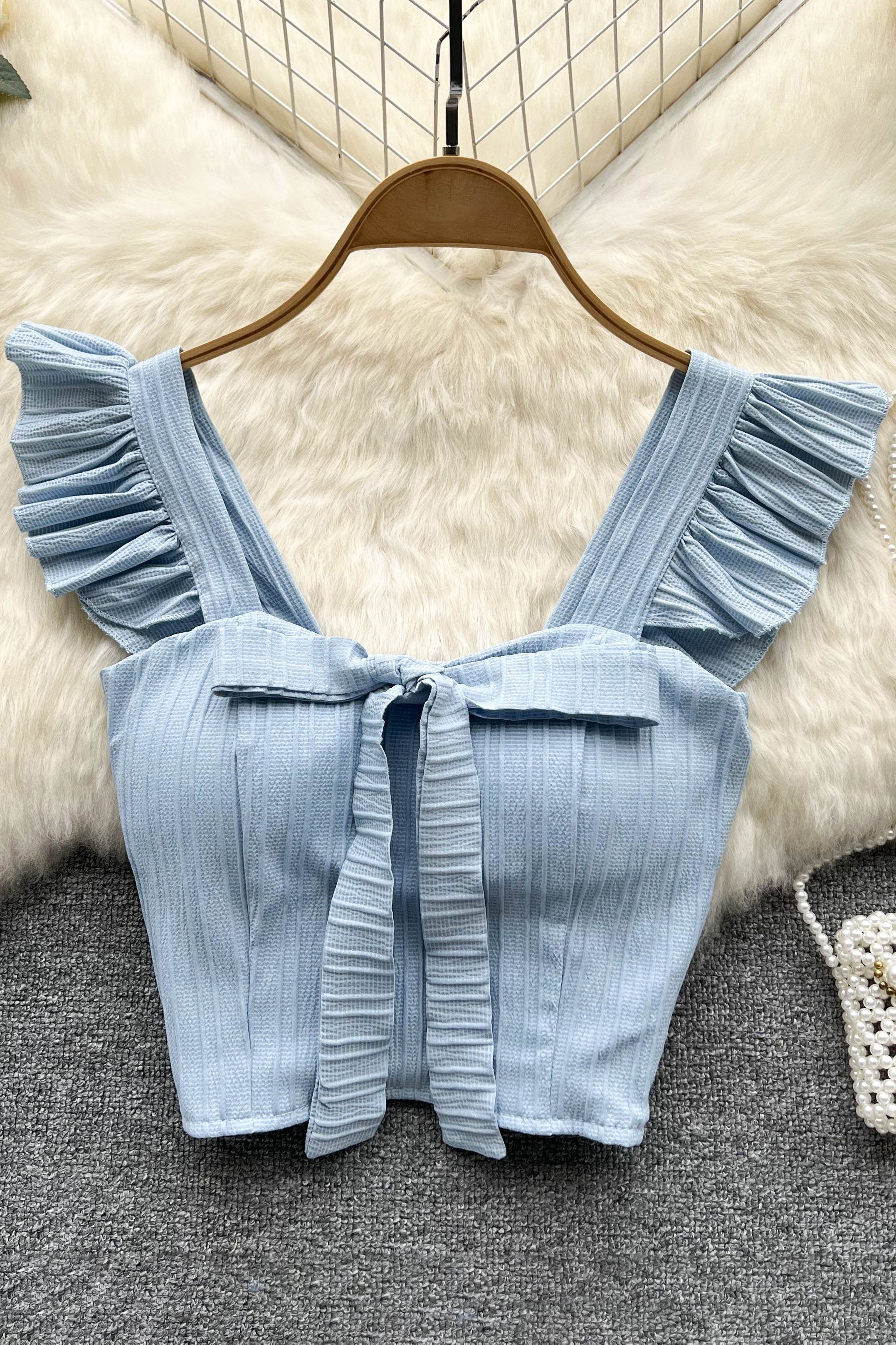 Ruffled Square Neck Sleeveless Bow Elastic Waist Strap Top Ladies Sweet Short Tank Top