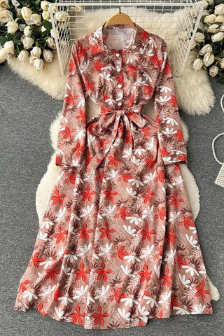 Colorful Floral Print Full Sleeve Shirt Dress Casual All Match Long Dress