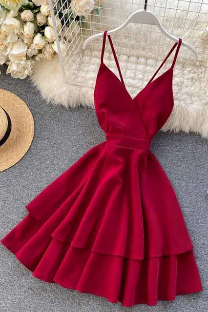 Bow Bandage Beach Dress V-neck Strap Double Ruffles Short Dress