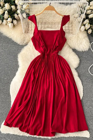 Ruffled Straps High Waist Long Dress Red Pleated Party Dress