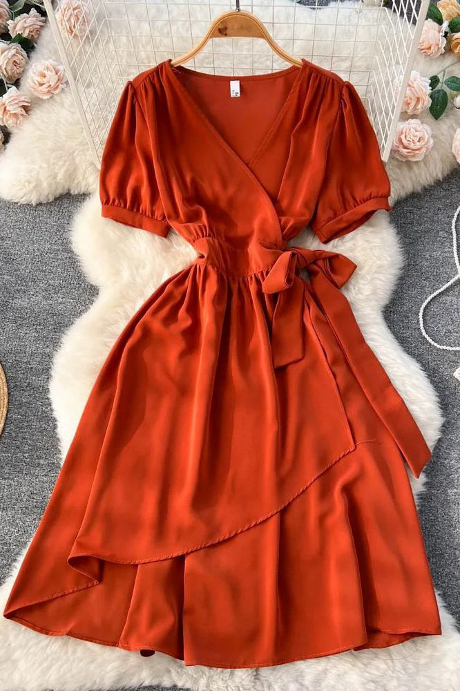 Elegant Puff Sleeve Lace-up Wrap Robe Femme Casual A-Line Long Dress