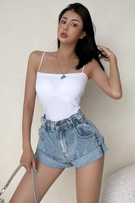 Retro High Waist Rolled Hem Loose Denim Shorts