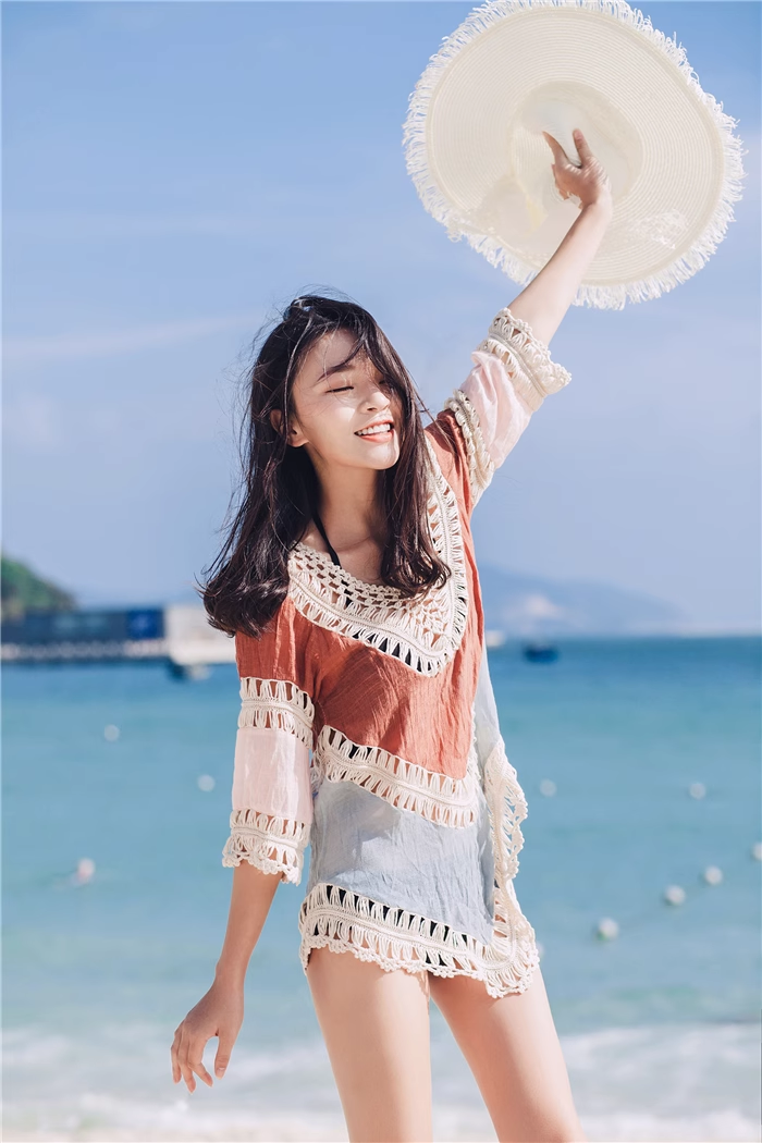 Lace Hollow Out V-Neck Long Sleeve Blouse Beachwear