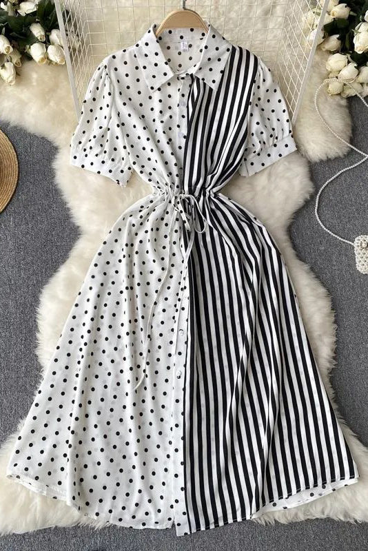 Casual All Match Patchwork Dots and Stripes Print Shirt Dress Two Piece Set