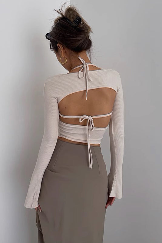 Hanging Neck Strap Tank Top Flare Long Sleeve Off Shoulder Top Two Piece Set