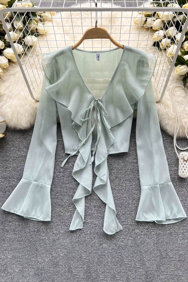 Ruffled Chiffon Blouse Flare Sleeve Transparent Ladies Sunscreen Shirt