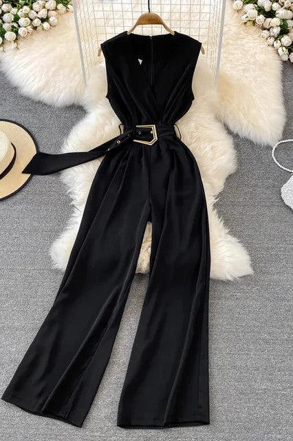 Elegant Office Long Wide Leg Pants With Belt Sleeveless Female Playsuits