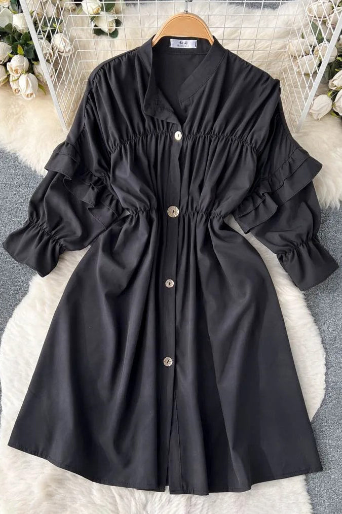 Elegant Puff Sleeve Casual Shirt Dress