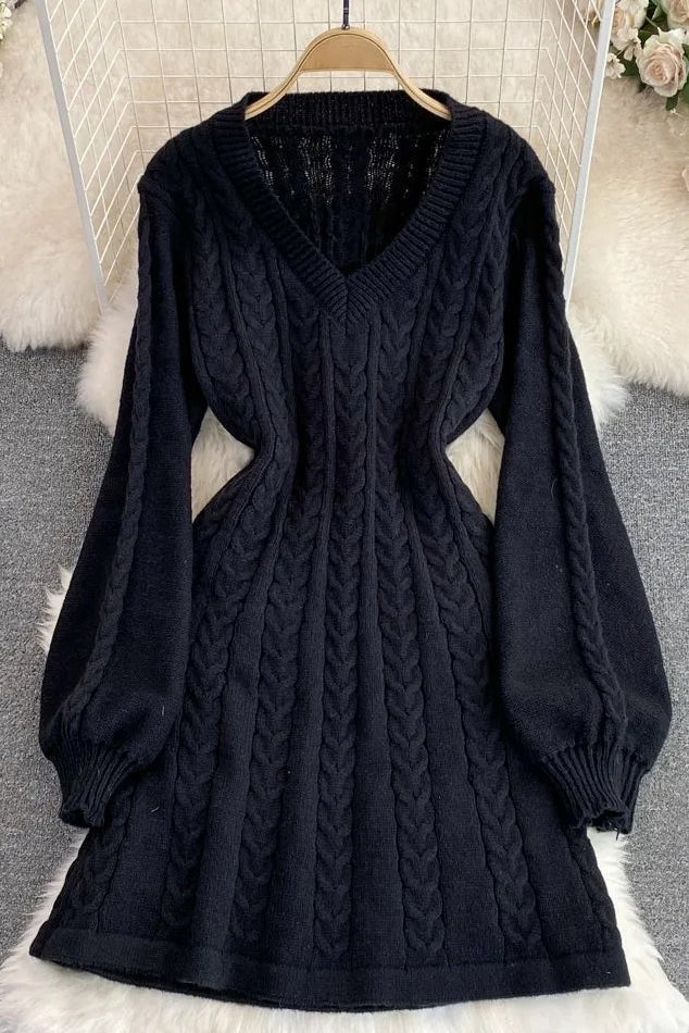 Knitted Elegant Puff Sleeve A-line Short Dress