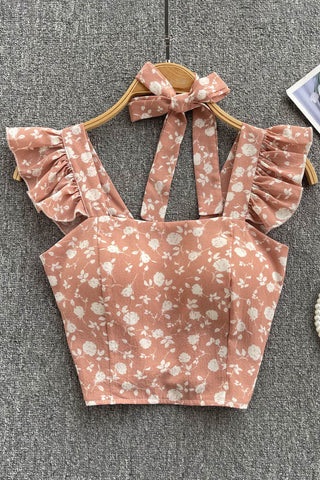 Damen Top mit quadratischem Ausschnitt, Schleife und Rüschen, kurzes Unterhemd, Blumenmuster, elastische Taille