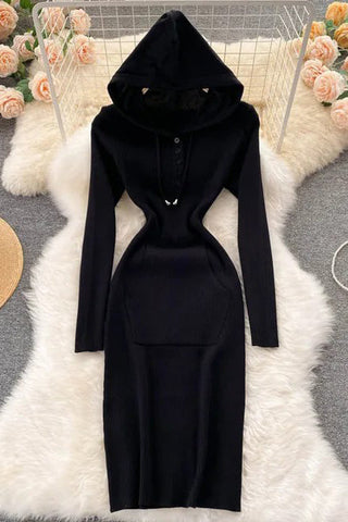 Knitted Dress Hooded Buttons Bodycon Sweater Dress