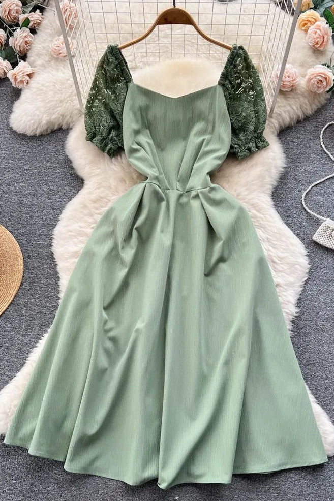 Elegant Lace Puff Sleeve Sash Bandage Dress Lady Vacation Party Long Dress