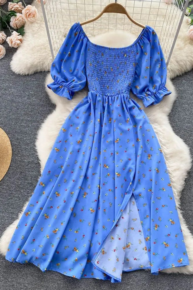 Romantic Floral Print Split Long Dress