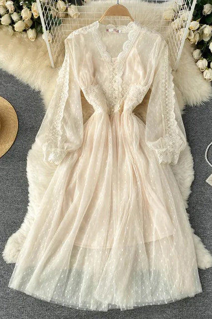 Romantic Lace Two Piece Party Dress Elegant V-neck Long Sleeve Dress