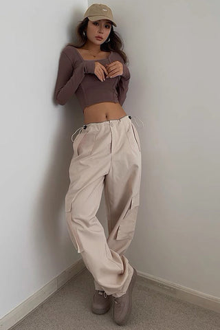 Three-Dimensional Large Pocket Pants With Pleated Cuffs For Casual Pants