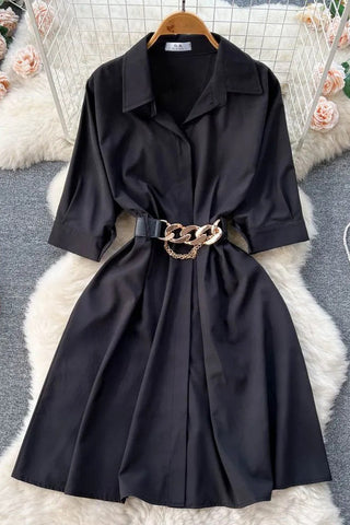 Elegant Vintage Turn-down Collar Casual A-line Shirt Dress