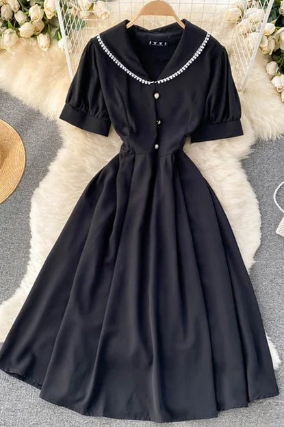 Elegant V-neck Buttons Midi Dress Short Sleeve Female Party Dress
