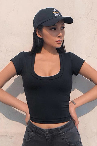 Sexy U-Neck Low Cut Tight Short Sleeved T-Shirt