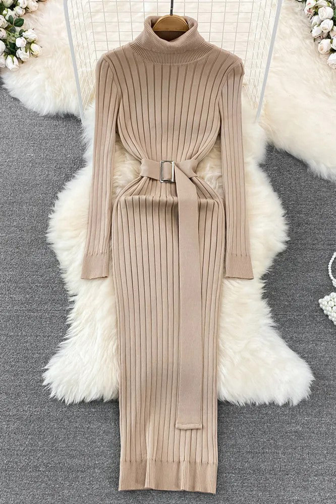 Long High Split Knit Dress Ladies Elegant Sweater Dress
