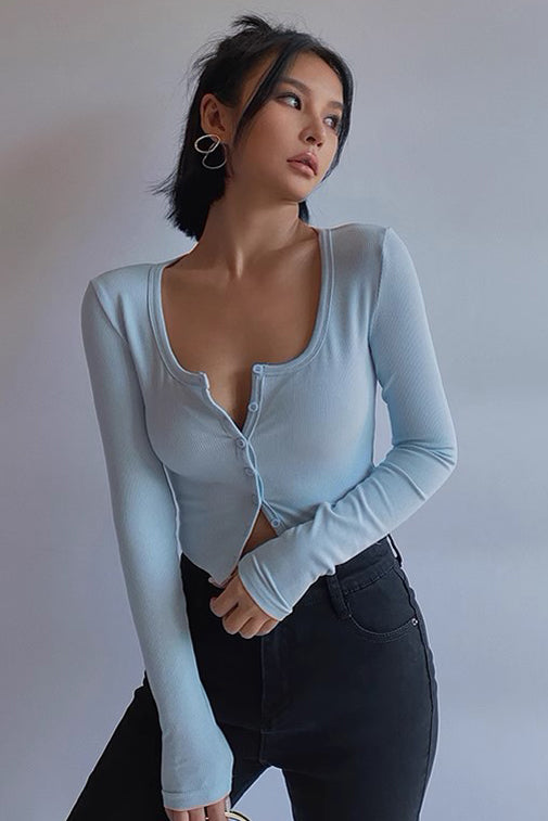 Elastic Tight Sexy U-Neck Long Sleeved High Waisted Top