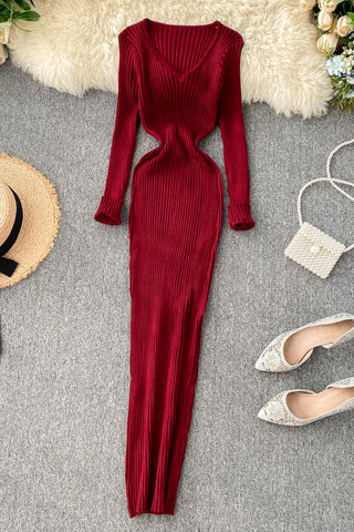 Knitted Dress V Neck Slim Elastic Sweater Dress Knit Warm Long Dress