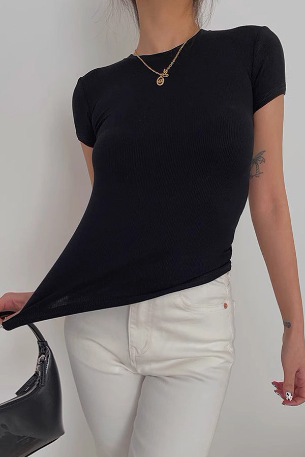 Sexy Elastic Tight Round Neck Short Sleeved T-Shirt Top