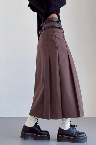 Double Belt Pleated High Waisted Long Skirt