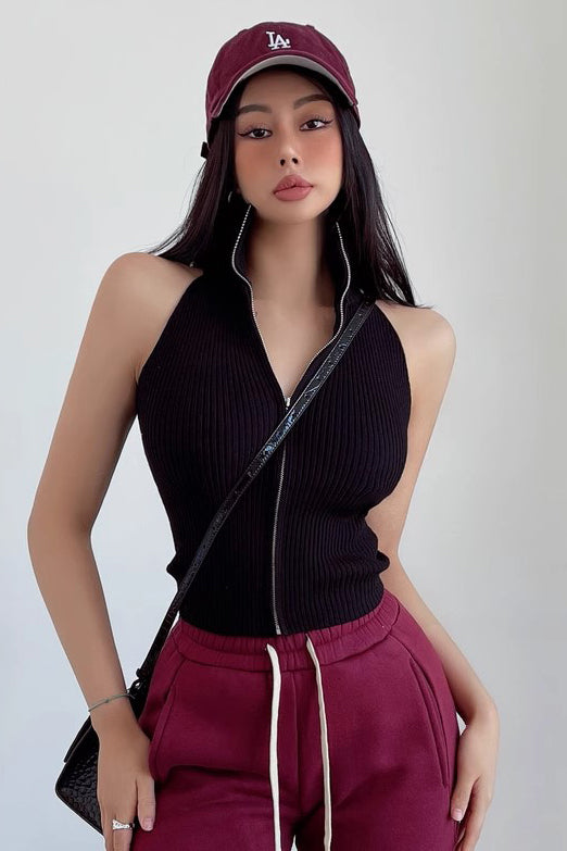 Sleeveless Knitted Vest Zipper High Collar Backless Top