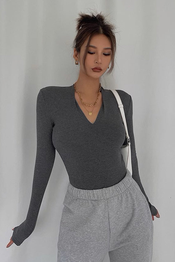 High Elastic V-Neck Long Sleeved Top