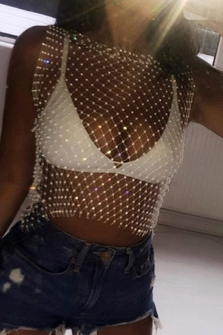 Rhinestone Detail Crop Mesh Top Without Bra