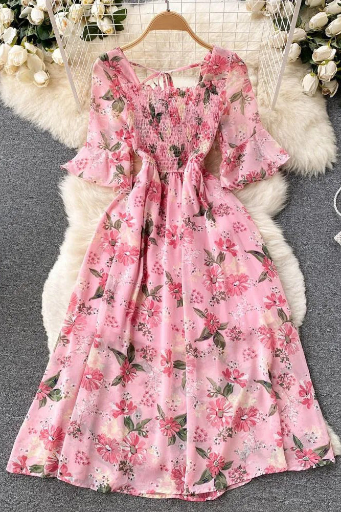 Robe romantique en mousseline à imprimé floral, robe de soirée de vacances