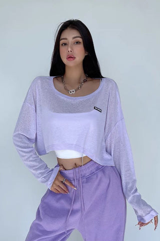 Large Round Neck Perspective Loose Casual Long Sleeved Short Top