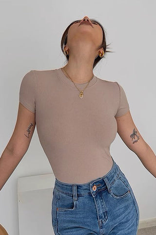 Sexy Elastic Tight Round Neck Short Sleeved T-Shirt Top