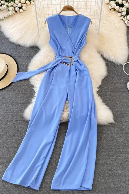 Elegant Office Long Wide Leg Pants With Belt Sleeveless Female Playsuits