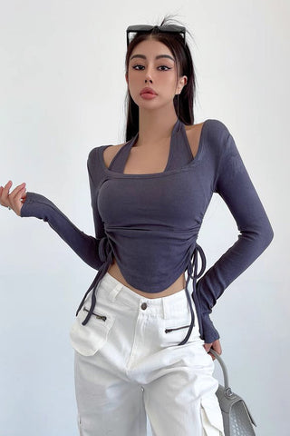 Halter Long Sleeve T-shirt Tight Short Bottom Tops